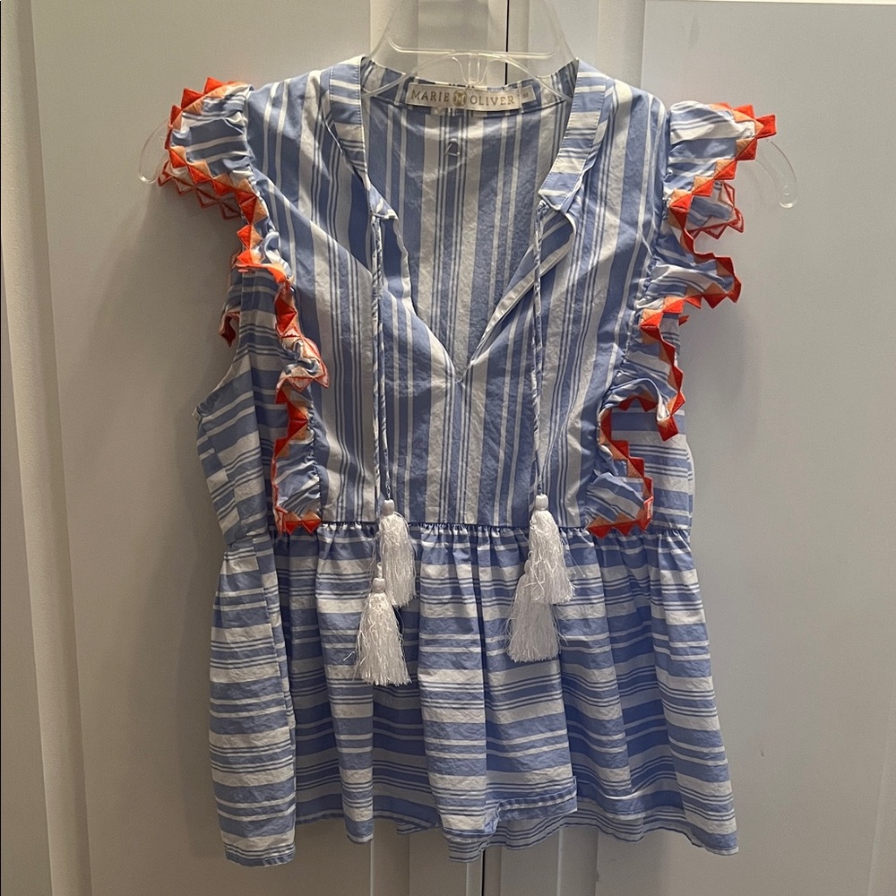 Marie Oliver Blue and White Striped Ruffle Tassel Blouse with Orange Trim